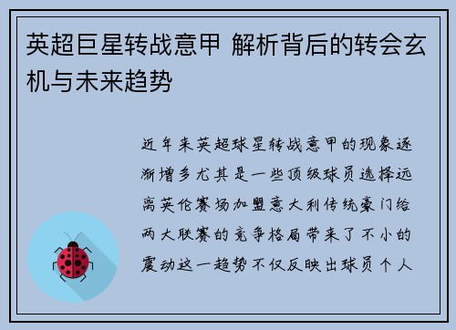 英超巨星转战意甲 解析背后的转会玄机与未来趋势